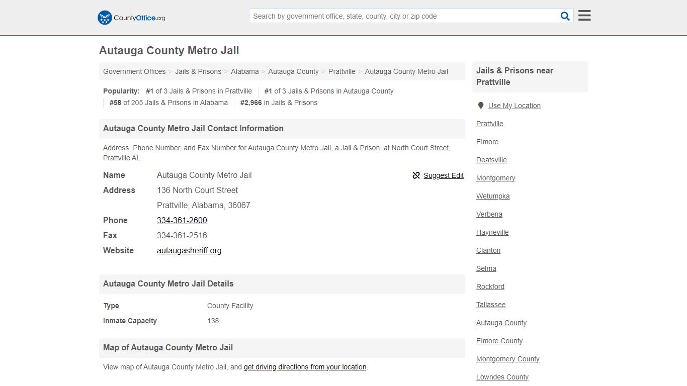 Autauga County Metro Jail - Prattville, AL (Address, Phone, and Fax)