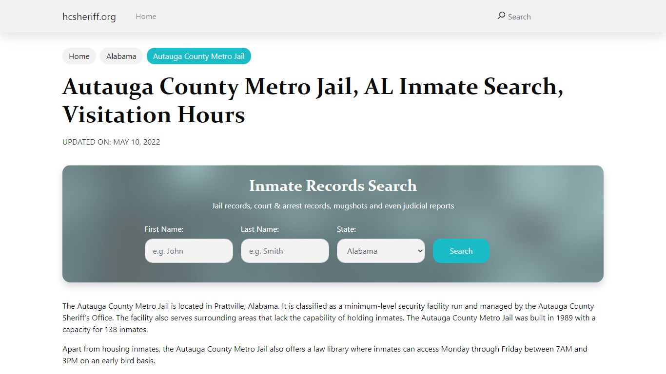 Autauga County Metro Jail, AL Inmate Search, Visitation Hours